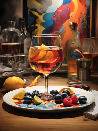Cognac or brandy with fruits on a wooden table.の素材