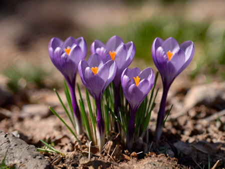 Spring crocus flowers in the forest. Early spring. Symbol of peace and joy.の素材