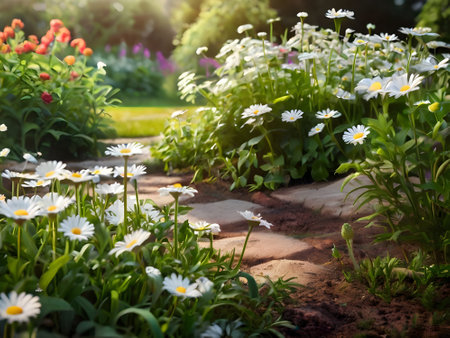 White daisies in the garden. Beautiful nature scene with blooming flowers.の素材
