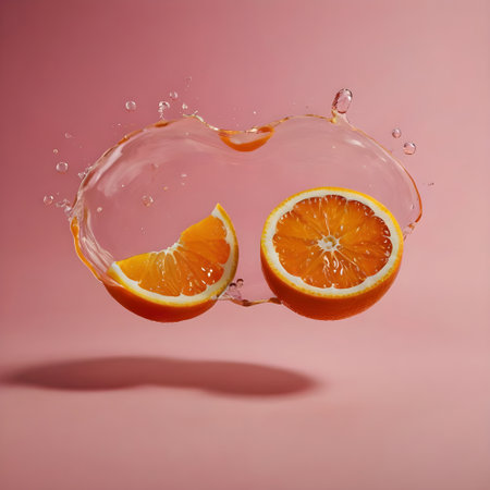 Slices of orange falling into water with splash on pink backgroundの素材