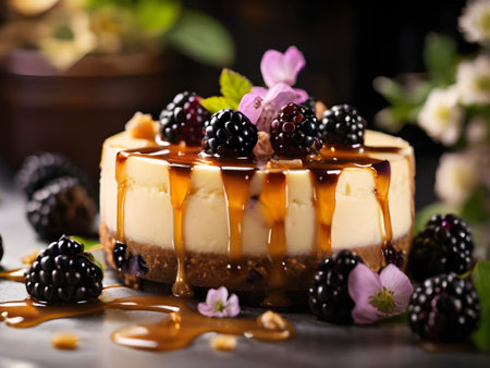 Cheesecake with blackberries and caramel on a dark background.の素材