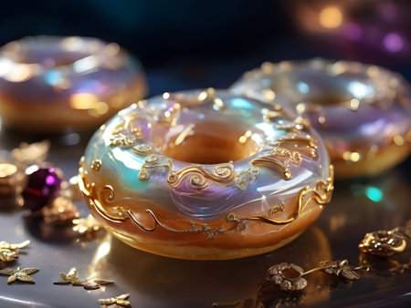 Close-up of glazed donuts with glaze on the tableの素材