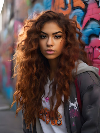 young beautiful hipster woman with curly hair posing in an urban contextの素材
