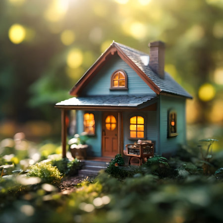 Miniature house in the forest. Selective focus and shallow depth of field.の素材