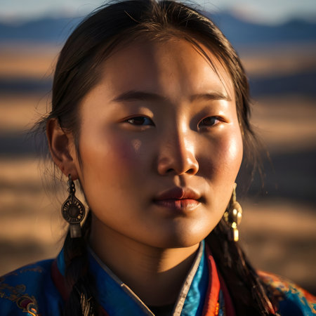 Portrait of a beautiful asian girl in traditional costume at sunsetの素材