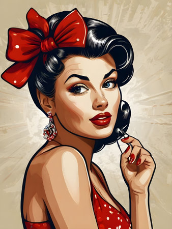 Beautiful pin up girl with red bow on her head. Vector illustration.の素材