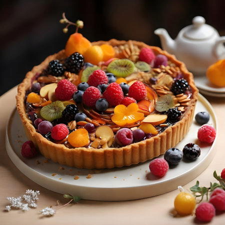Delicious tart with berries on table, closeup. Delicious dessertの素材