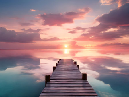 Wooden pier on the sea at sunset with beautiful sky background.の素材