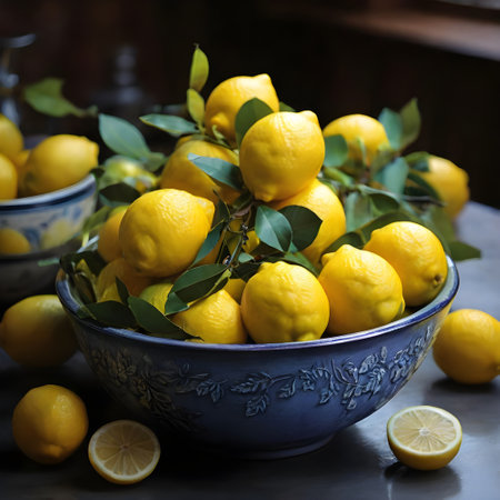 Lemons in a bowl on a dark background. Selective focus.の素材