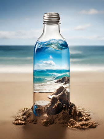 Glass bottle with blue sea and sand on the beach, conceptual imageの素材