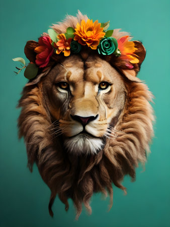 Portrait of a lion in a wreath of flowers on a green backgroundの素材