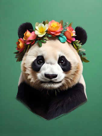 Portrait of a giant panda wearing a wreath of flowers.の素材