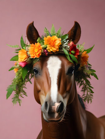 Portrait of a beautiful brown horse with a wreath of flowersの素材