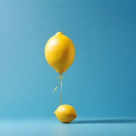 Lemon floating on a balloon on a blue background. Minimal concept.の素材