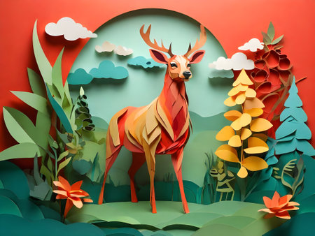 Paper art deer in the forest. Paper craft style. 3D illustration.の素材