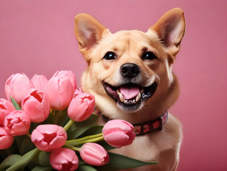 Cute dog with tulips on pink background, close up.の素材