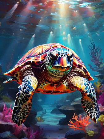 Turtle swimming in the sea. Underwater world. Illustration.の素材