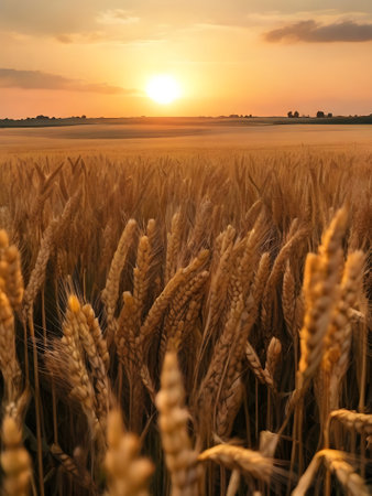 Wheat field at sunset. Beautiful Nature Sunset Landscape. Rural Scenery under Shining Sunlight.の素材