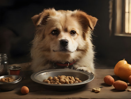 Cute dog with bowl of food on wooden table in dark roomの素材