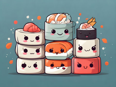 Cute sushi collection. Cartoon vector illustration. Kawaii food.の素材
