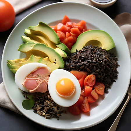 Plate with tasty boiled eggs, avocado and vegetables, closeupの素材