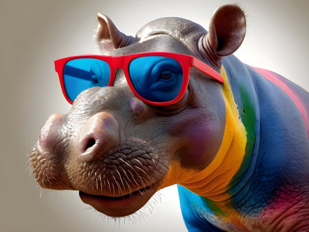 Hippopotamus wearing sunglasses and rainbow colors. 3d illustrationの素材