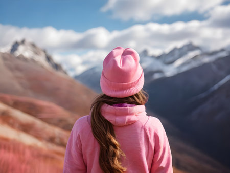 Girl in pink hat and pink jacket on background of snowy mountains.の素材