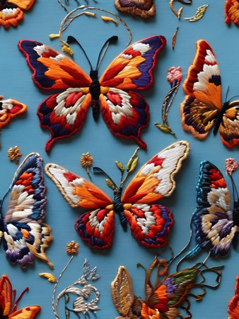 Butterfly embroidery background. Colorful butterfly embroidery background.の素材