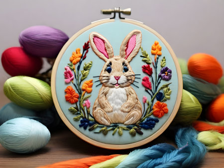 Embroidery hoop with rabbit and yarn balls on wooden backgroundの素材