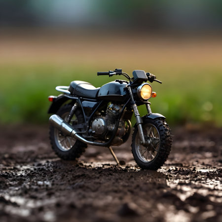 Close-up of a toy motorcycle standing in the mud. Selective focus.の素材