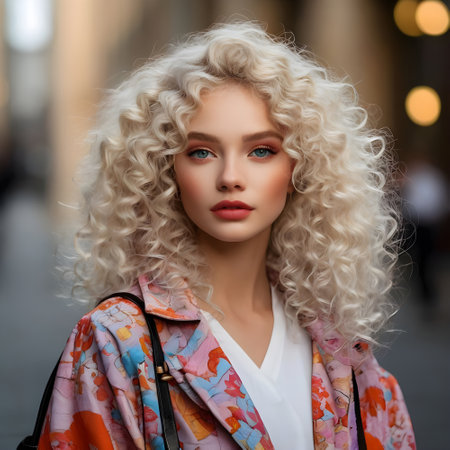 Fashion portrait of a beautiful blonde woman with curly hair in the cityの素材