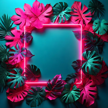 Creative layout made of monstera leaves and neon light on turquoise background. Summer concept.の素材