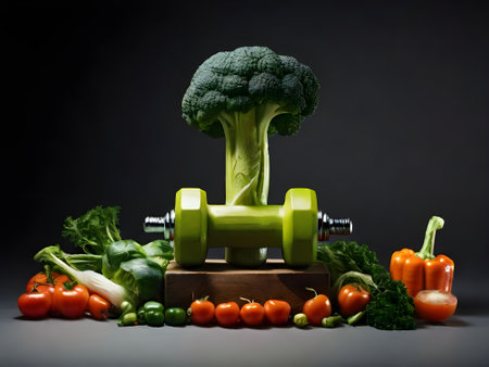 Fitness still life with dumbbells, fresh vegetables and fruitsの素材