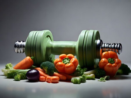 Dumbbell and fresh vegetables on grey background. Healthy lifestyle concept.の素材