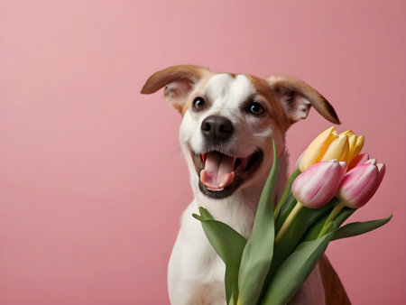 Funny dog with tulips on pink background, closeup viewの素材