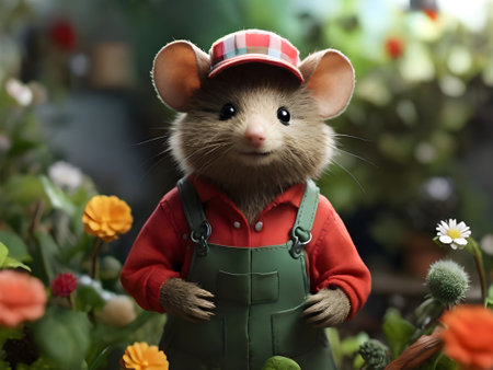 Cute little rat in a hat and overalls in the gardenの素材