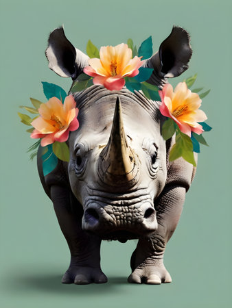 Rhinoceros with flowers and leaves on a green background.の素材