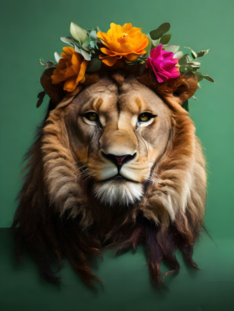 Lion with a wreath of flowers on a green background.の素材