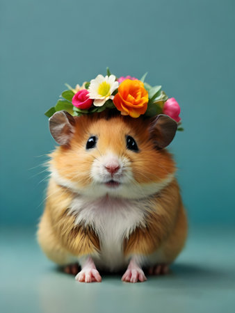 Hamster with a wreath of flowers on a blue background.の素材