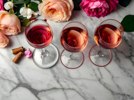 Wine glasses and rosesle table, flat lay. Space for textの素材