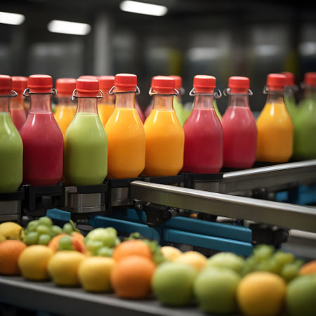 Bottles of fruit juice on conveyor belt in warehouse, closeupの素材
