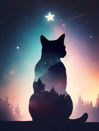 Silhouette of a cat sitting on the background of the night sky with starsの素材