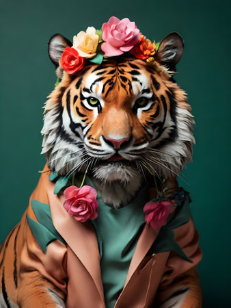 Portrait of a beautiful tiger with a wreath of flowers.の素材