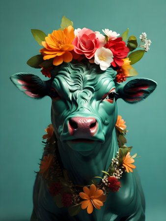 Cow with flower wreath on his head on a blue background.の素材