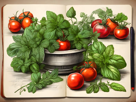 Tomatoes, basil and parsley on an open book with a penの素材