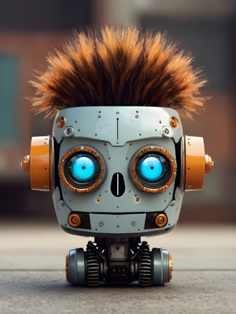 Vintage robot with hair on head, close-up. Artificial intelligence conceptの素材