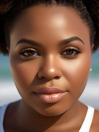 Portrait of beautiful african american woman on the beach.の素材