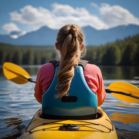 Young woman kayaking on a lake in the mountains. Back view.の素材