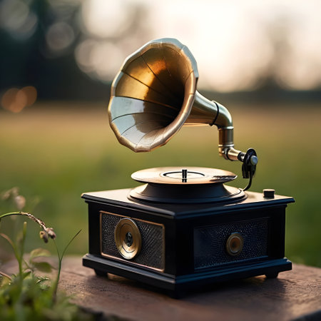 Vintage gramophone on the grass in the evening. Retro style.の素材
