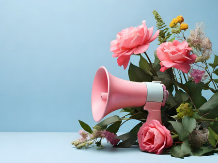 Pink megaphone with bouquet of flowers on blue background.の素材